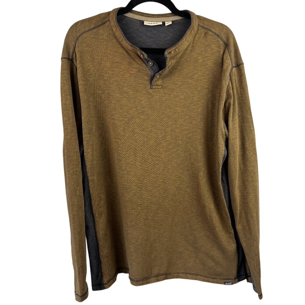 ROWM Mens Cotton Long Sleeve Henley Size L Brown Blue
